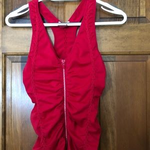 Red front zip ruched summer shirt, size SM/MED